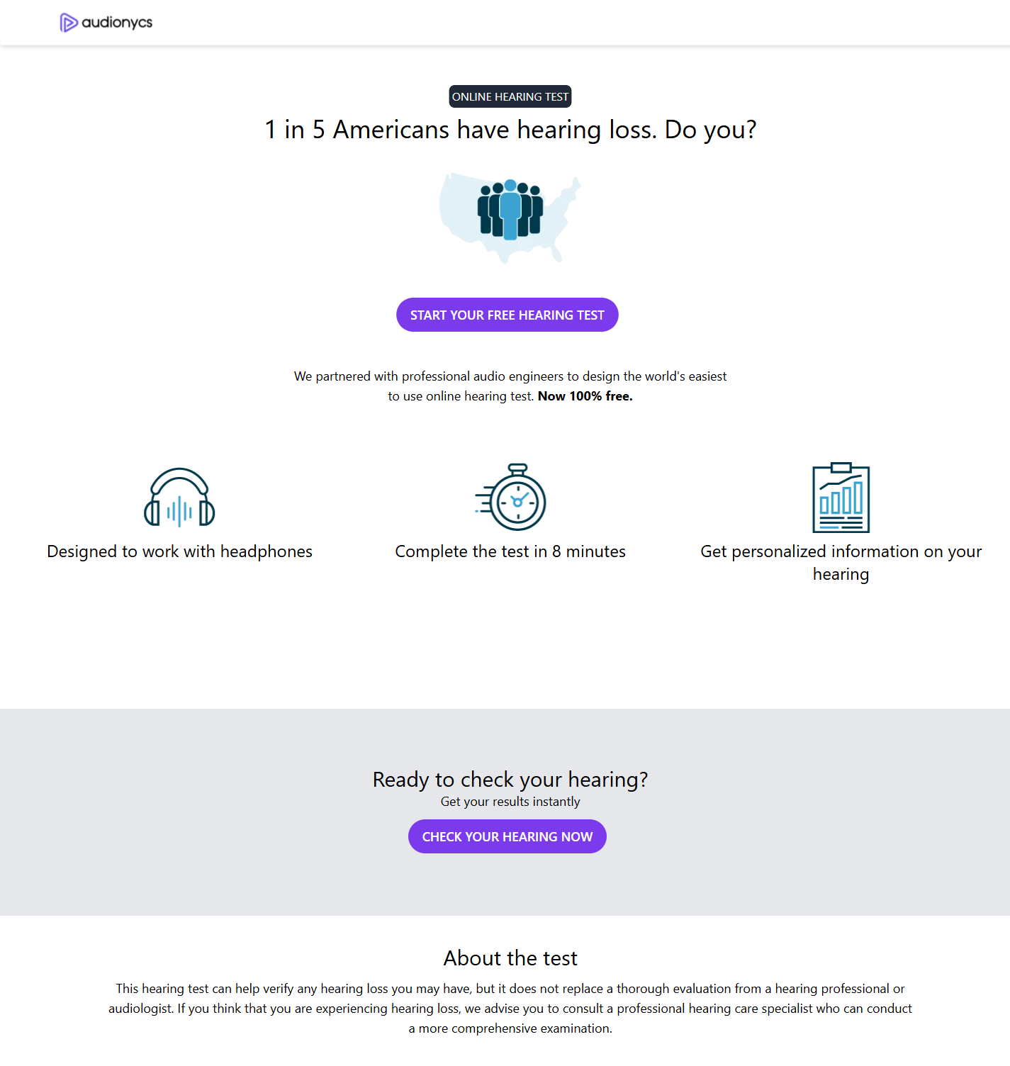 Landing page of the Online Hearing Test application.