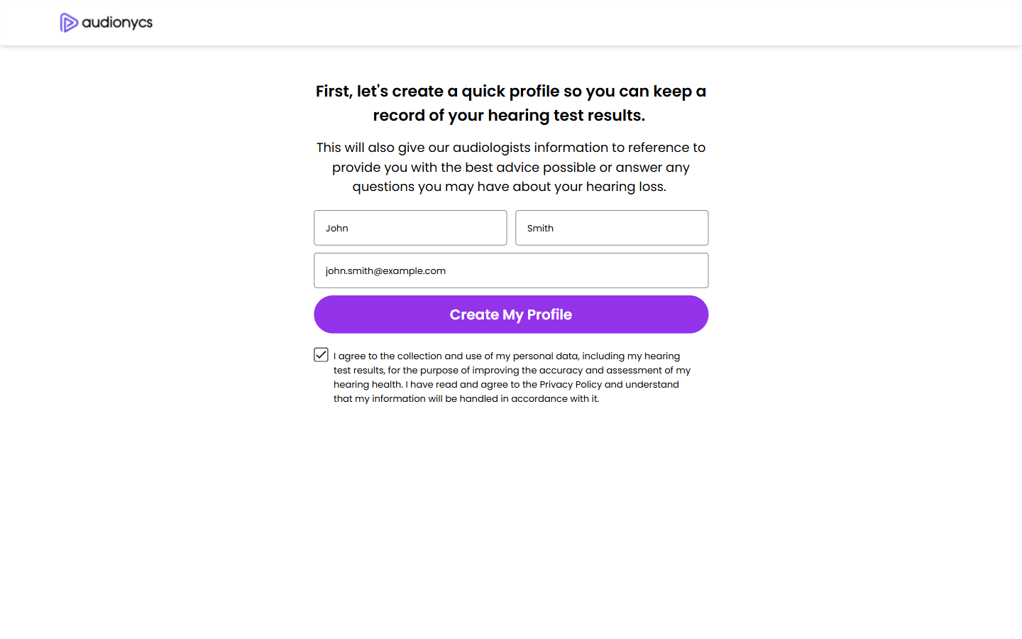 Profile form filled with example data and the consent checkbox ticked.